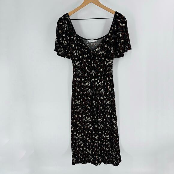 Lush Black Brown Floral Maxi Dress Flutter Sleeve V-Neck Size Medium - Picture 6 of 6